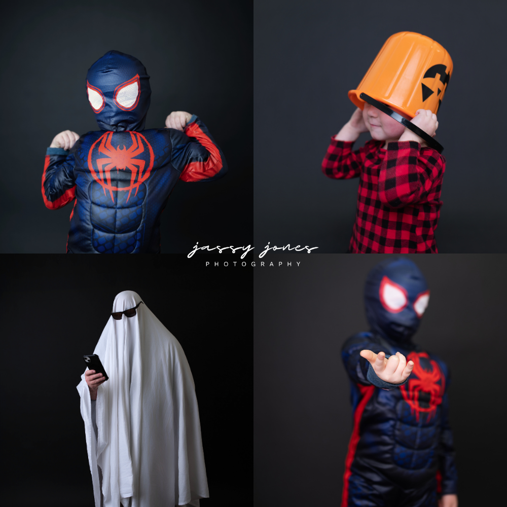 Halloween studio mini sessions in Southern Maine featuring children dressed up as Spiderman, a ghost, and a pumpkin.